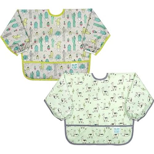 Bumkins Sleeved Bib for Girl or Boy, Baby and Toddler for 6-24 Mos, Essential Must Have for Eating, Feeding, Baby Led Weaning Supplies, Long Sleeve Mess Saving Food Catcher, 2-pk Cactus and Llama