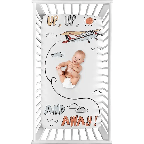 Sweet Jojo Designs Vintage Airplane Boy Fitted Crib Sheet Baby Toddler Bed Nursery Photo Op - Grey Yellow Orange Red White and Blue Airplanes Air Plane Transportation Clouds Sun Sky Aviator Aviation