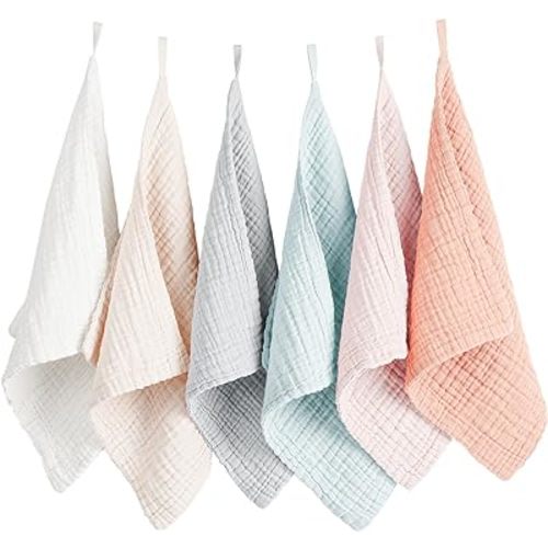 Konssy 6 Pack Baby Muslin Washcloths for Unisex 100% Cotton Wash Cloth Set for Baby Face Body Comfy and Soft for Newborn Infants Kids Girls and Boys