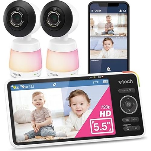 VTech 2-Cameras Smart WiFi Baby Monitor, 2K CMOS Sensor Camera, 5.5-inch HD IPS Screen, Split-Screen, Clear Infrared Night Vision, Pan-Tilt, 24x Zoom, 2-Way Talk, Free App: Smart HD Plus Twin