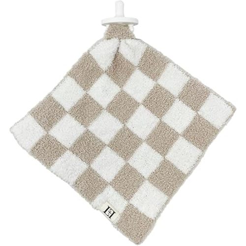 Checkered Baby Lovey Pacifier/Teether Holder 10"x10" - DreamSoft Plush Fluffy Cuddly Soothie Reversible Mini Comfort Blanket - Cute Newborn Gift Essential for Babies Boys and Girls (Tan/White)
