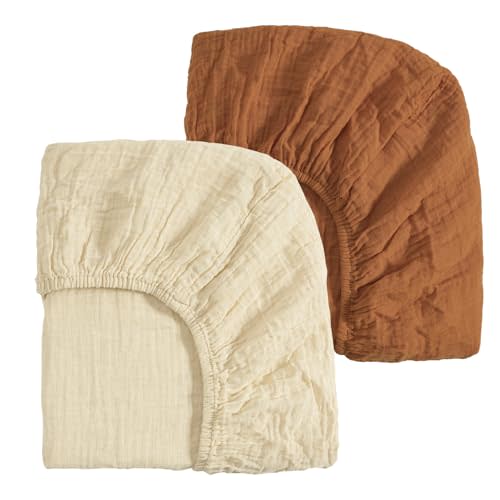david's kids Muslin Mini Crib Sheets, 2 Pack Cotton Pack N Play Sheets for Boys Girls Neutral, Soft Breathable Baby Sheets Fit Pack N Play, Playard and Mini Crib Mattresses, Beige & Brown