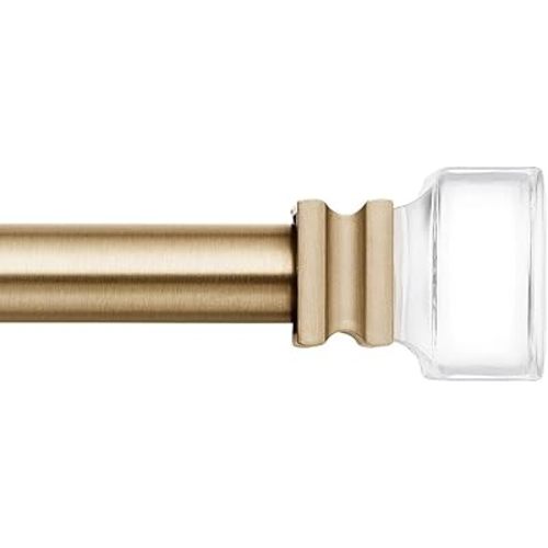 MODE Premium Collection 1 1/8" Diameter Curtain Rod with Clear Square Curtain Rod Finials and Steel Wall Mounted Adjustable Curtain Rod, Fits 36” to 72” Windows, Warm Gold
