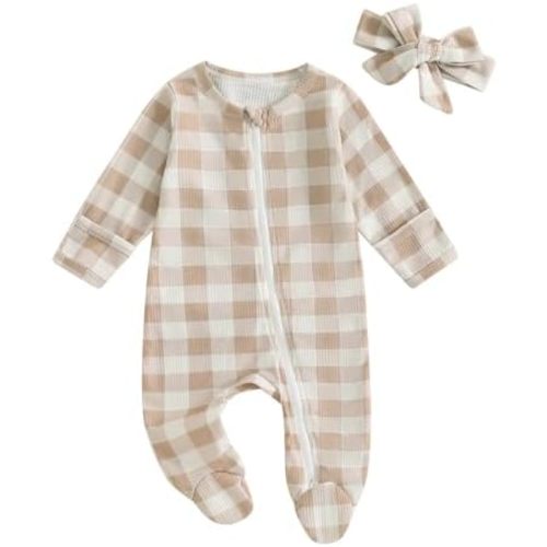 Douhoow Cute Baby Footies Newborn Girl Clothes Waffle Baby Girl Jumpsuit Romper Infant Coming Home Outfits with Headband