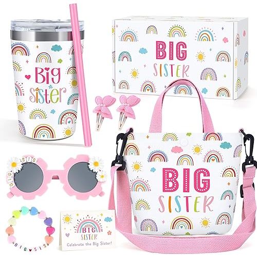 Big Sister Gifts for Girls Cute Promoted to New Big Sister to Be Announcement Gift Set Basket Includes 12OZ Tumbler Canvas Bag Bracelet for Little Girls Gift Ideas for Older Siblings of New Baby