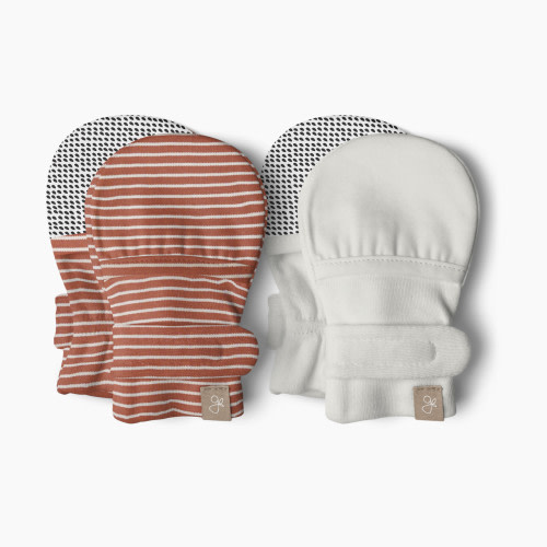 Goumi Kids Stay on Baby Mitts (2 Pack) - Clay Stripe + Cloud, 0-3 M