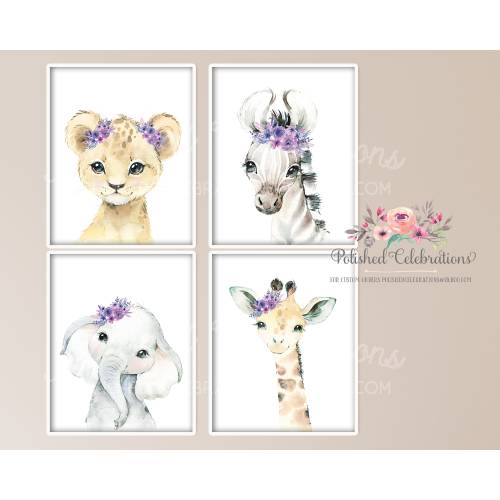 Lavender Blush Safari Animal Nursery Art / Set of 4 Safari Nursery Prints / Zoo Animals / Purple Flower Nursery Decor / Baby Girl Nursery