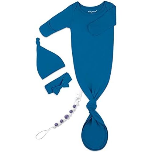 Newborn Baby Knotted Gown, Super Soft Silky Infant Long Sleeve Sleeper with Mittens and Hat & Bowknot Set (Extra Long)