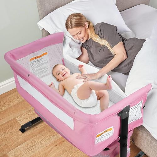 BIERUM Bassinet 4 in 1 - Bedside Bassinet for Baby, Height Adjustable Bassinet Bedside Crib with Lockable Wheels & Mosquito Nets, Large Storage Bag & Comfortable Mattresses Included.