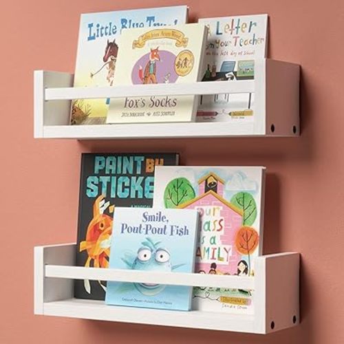 Nursery Book Shelves, 15 Inches Floating Kids Bookshelves for Wall Set of 2, Baby Room Wall Decor, Wall Mounted Wood Shelves for Books, Toys and Wall Storage - White
