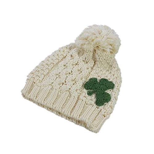 Patrick Francis Traditional Craft Kids Knitted Bobble Hat with Green Embossed Shamrock Design,Cream,1/2