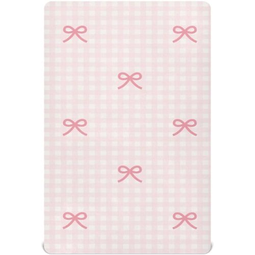 Pink Checkered and Bows Fitted Crib Sheets Stretchy Portable Playard Sheets for Baby Toddler, Breathable Soft Mini Crib Mattress 52 x 28 in for Boys and Girls