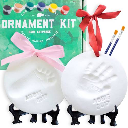 DIY Baby Footprint & Handprint Clay Ornament Kit - Holiday or Everyday Gift for New Mom, Newborn Keepsake - w/ Paints and Letters. Set of 2