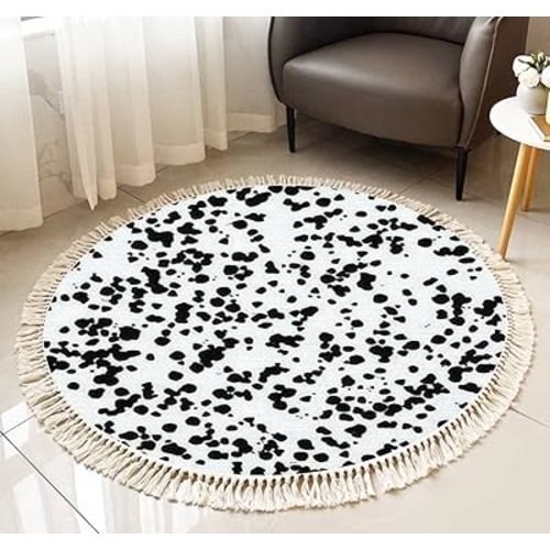 Round Fringe Rug Black dots White Dalmatian Dog Boho Area Rug Tassel Linen Carpet Hand Woven Patio Hallway Runner Mat Home Decor Living Room Bathroom Table, 3ft