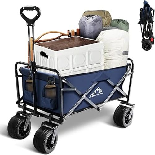 Foldable Wagon Cart, Collapsible Wagon Cart, 300lbs Folding Utility Wagon with All-Terrain Wheels, Collapsible Wagon for Gardening, Camping, Beach, Outdoor Use, Blue