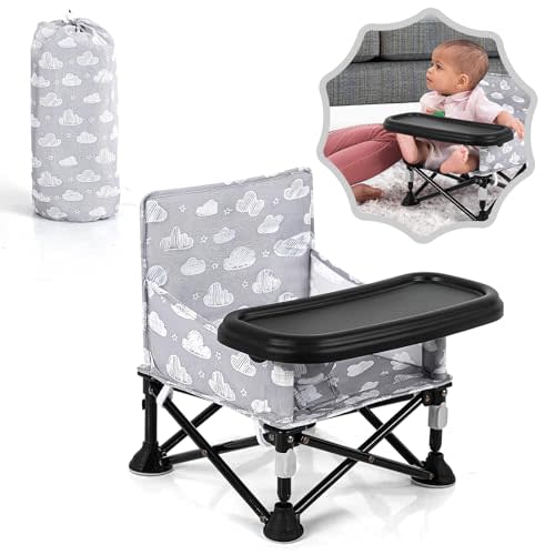Toddler Booster Seat for Kitchen Chair & Travel - Portable Foldable with Removable Tray, Baby Camping Chair 6-36 Months Indoor Outdoor (White Cloud Design)