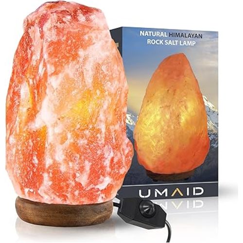 Himalayan Salt Lamp 8-10 inch (7-11 lb) with Dimmable Switch and Night Light Bulb on Handcrafted Wooden Base, Natural Pink Rock Salt Lamp