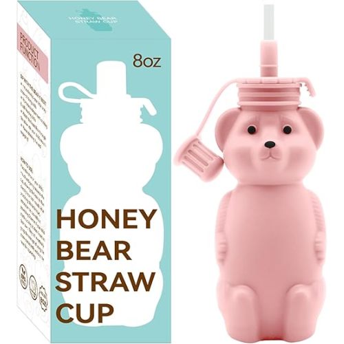 Honey Bear Straw Cup, Food Grade Silicone, Babies Water Drinking Cup, 8-Ounce Therapy Sippy Bottles for Speech and Feeding Training, BPA Free & Dishwasher Safe (PINK)