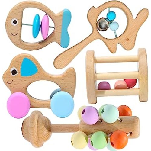 Montessori Mama Wooden Toys for Babies 5-Piece Collection - Multi-Sensory Learning Rattle for Babies - Infant Wooden Toy Set Baby Weights Toys - Teether