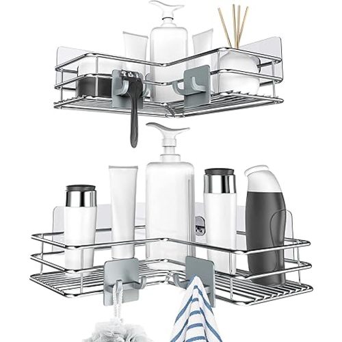 Nieifi Corner Shower Shelves Stainless Steel, Adhesive Shower Caddy Basket Rack with Hooks, Rust Proof for Bathroom Shelf Shampoo Holder (Silver)