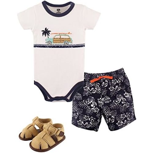 Hudson Baby Unisex Baby Cotton Bodysuit, Shorts and Shoe Set