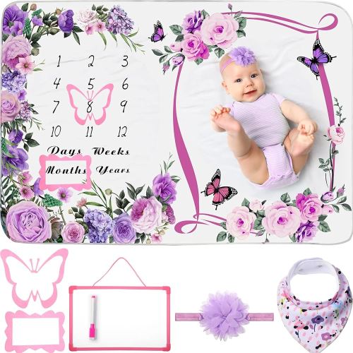 Chumia 6 Pcs Monthly Baby Milestone Blanket for Girl Set Butterfly Newborn Calendar Growth Chart Baby Age Receiving Blanket with Bib Frame Headband for Photo Props 59" x 39"(Purple,Floral Pattern)