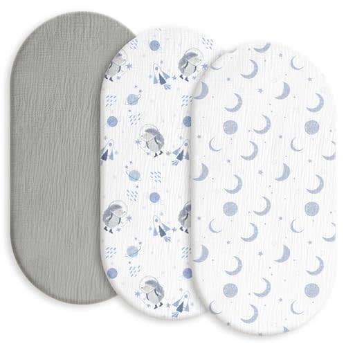 Gllquen Baby Muslin Bassinet Sheets 3 Pack, Breathable Elastic Cozy Fitted Cotton Bassinet Mattress Sheet for Baby Boy Girls, Fit for Hourglass Oval Rectangular Cradle Pad Sheets 33"x17" (Space)