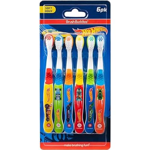 Brush Buddies Hot Wheels Toothbrush for Kids, Kids Toothbrushes, Toothbrush Pack, Soft Bristles for Kids, Toddler Ages 2-4, 6PK