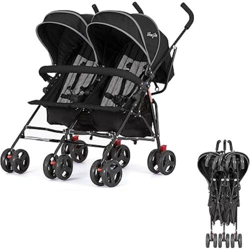Volgo Twin Umbrella Stroller in Black, Lightweight Double Stroller for Infant & Toddler, Compact Easy Fold, Large Storage Basket, Large and Adjustable Canopy