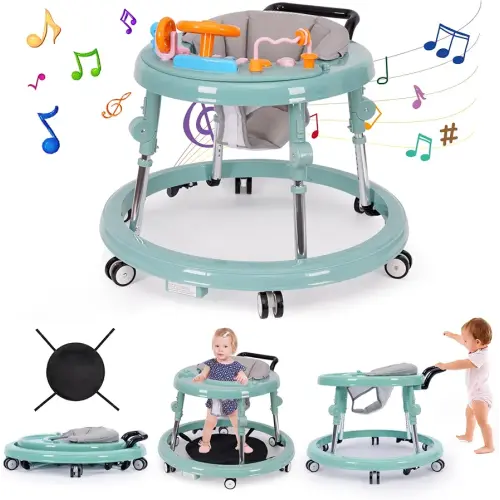 Music and Lights Baby Walker Foldable with 9 Adjustable Heights, Baby Walker with Wheels Portable, Baby Walkers and Activity Center for Boys Girls Babies 7-18 Months (NEW-GREEN)