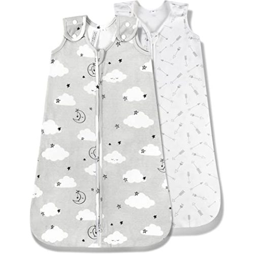 TILLYOU Cotton Sleep Sack 2 Pack - TOG 1 Baby Wearable Blanket with 2-Way Zipper, Extra Soft Sleeveless Sleeping Bag for Infants, 6-12 Months, Grey Cloud & Gray Arrow