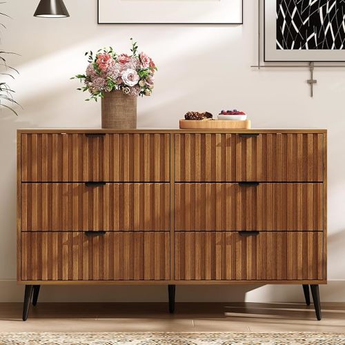 Fluted Dresser for Bedroom with 6 Drawers, 47'' Wide Modern Dresser with Metal Handle, Natural Wood Dressers Organizer with Blister Drawers for Bedroom, Brown
