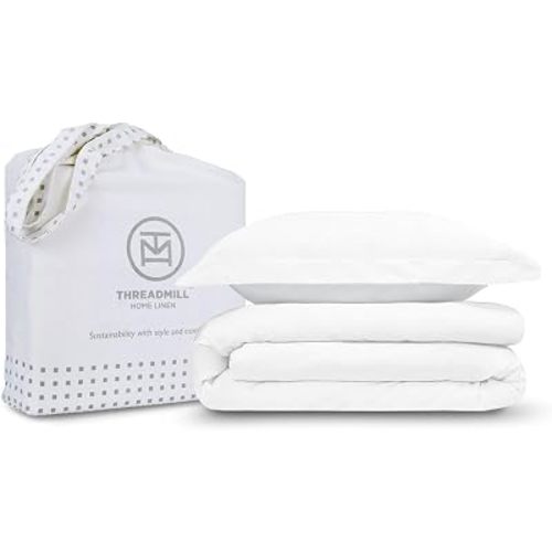 Threadmill White Duvet Cover Twin Size Bedding Set, Breathable Comforter Cover, Soft 2-Pc 100% Cotton Twin Duvet Cover Set with 1 Pillow Sham, Strong Button Closure & Corner Ties