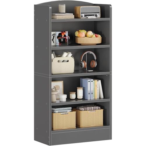 ALISENED 5-Tier Bookcase, Open Bookshelves and Bookcases with Storage Shelves, Floor Standing Unit, Display Storage Shelves for Bedroom Library Living Room Home Office, Dark Gray