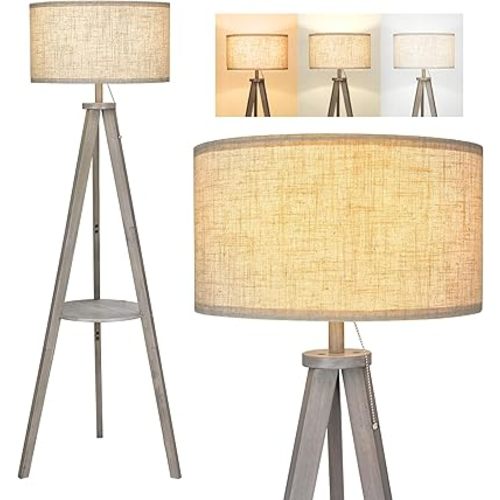 ELYONA Tripod Floor Lamp with 3 Color Temperatures LED Blub, Wood Floor Lamp with Table - Farmhouse Tall Reading Standing Light for Living Room, Bedroom, Office, Study Room, Pull Chain Controls, Grey