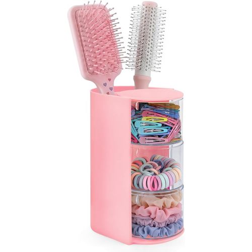 neotidy Hair Accessories Organizer with Hair Brush Holder, Rotating Hair Tie Product Organizer for Girls, 3-Tier Makeup Brush Holder for Clips, Bows & Brushes (Pink, 3-Tier)