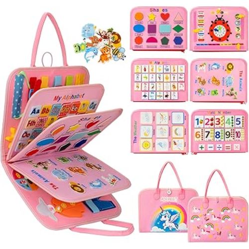 AIXMEET Toddler Montessori Toys, Sensory Busy Book, Busy Board for Toddlers 1234 Years Old, Preschool Learning Activities with Life, Shape, Color, Animal, Weather, 8 Pages (Pink)