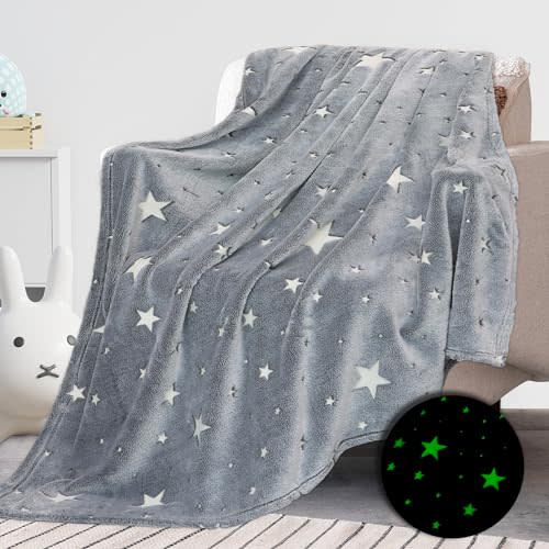 REXEO Glow in The Dark Star Space Blanket for Kids, Grey Cute Galaxy Throw for Boys Girls, Soft Flannel Toddler Blanket, Bedroom Room Decor, Birthday Gifts, 50" x 60"