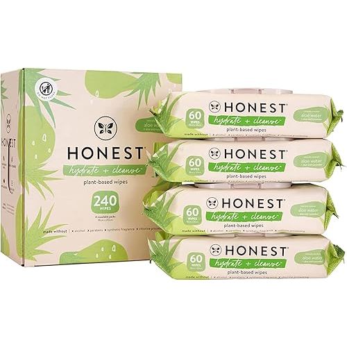 The Honest Company Hydrate + Cleanse Naturally Scented Wipes | Cleansing Multi-Tasking Wipes | 99% Water, Plant Based, Hypoallergenic | Aloe + Cucumber, 240 Count