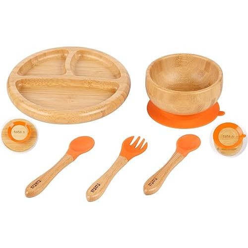 ® Bamboo Baby Plate and Bowl Set with Spoons and Fork for Babies | Bamboo Toddler Plates | Bamboo Suction Plate and Bowl Set for Babies | Baby Led Weaning Feeding Set - BPA Free