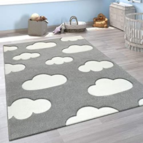 Modern Kids Rug with Clouds in Grey Pastel for Nursery, Size: 3'11" x 5'7"