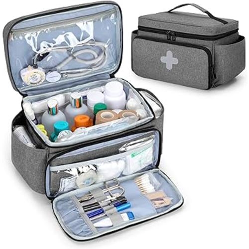 CURMIO Small Medicine Storage Bag Empty, Family First Aid Box, Pill Bottle Organizer for Emergency Medical Supplies, Gray (Bag Only, Patent Pending)