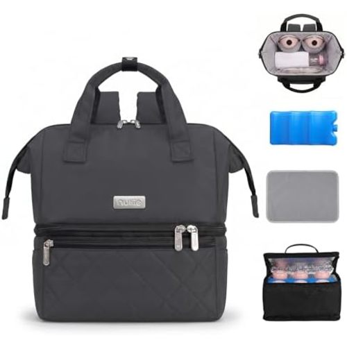 Nuliie Wearable Breast Pump Bag with Cooler Compartment, Double Layer Pumping Bag with Ice Pack, Breast Milk Cooler Travel Bag with Waterproof Mat, Fits 6 Baby Bottles up to 10 oz, Grey