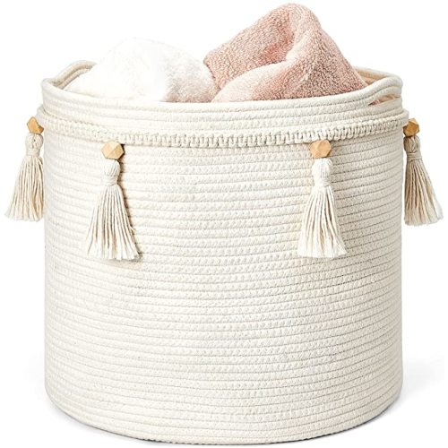 Mkono Macrame Decorative Cotton Rope Basket Boho Cute Woven Tassel Closet Storage Bins Organizer for Nursery,Baby Toys,Blankets,Magazines, Potted Plants Cover,Living Room,Bedroom Home Decor 15"x 14" - 14"x15"