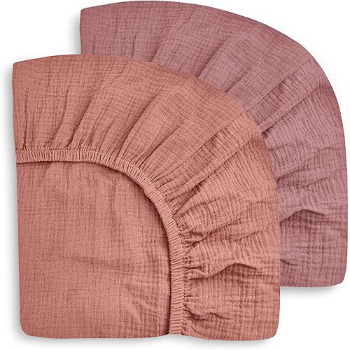 SWEET DOLPHIN 2-Pack Muslin Crib Sheets for Boys & Girls, Ultra Soft Breathable 40S Long-Staple Cotton Fitted Baby Sheets for Standard Crib Mattress 52"x28", Deep Bean Paste- Nursery Essentials