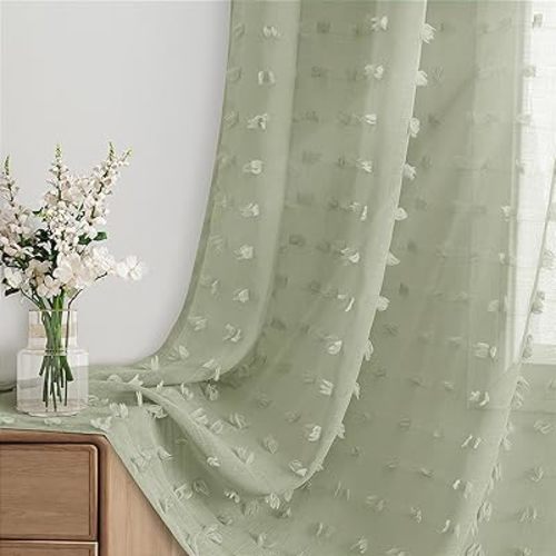 Sage Green Sheer Curtains 84 Inches Long for Living Room Bedroom Boho Pom Pom Curtains 2 Panels Set, Back Tab Rod Pocke Curtain Easy to Install Semi Sheer Modern Aesthetic Drape,52x84