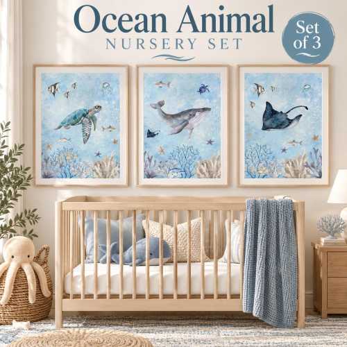 Ocean Animal Nursery Prints, Whale Turtle Stingray Wall Art, Set of 3
