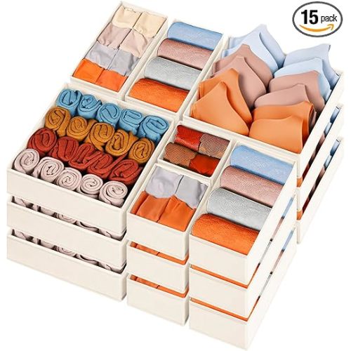 Criusia Sock Underwear Drawer Organizer Dividers 15 pack - Dresser Organizer for Deep Drawer, Closet, Nursery, Bedroom - Fabric Bins for Organization Small Toys, Bra, Ties, Scarf, Belt (Beige) - 15 Pack