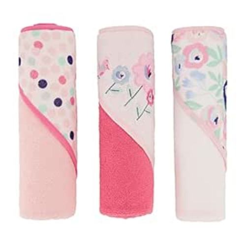 Cudlie Buttons & Stitches Baby Girl 3 Pack Rolled/Carded Hooded Towels in Blooms & Dots Print, GS71731
