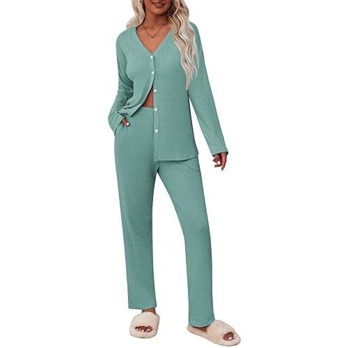 Ekouaer Womens Waffle Knit Pajamas Loungewear Two-piece Sleepwear Button-Down Pj Set with Pockets